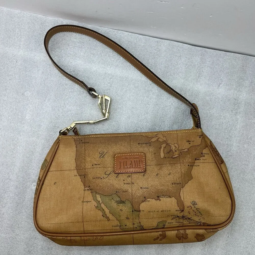 Alviero Martini 1A Classe Geo Map Print Coated Canvas Shoulder Bag Vtg Y2K - Picture 8 of 16